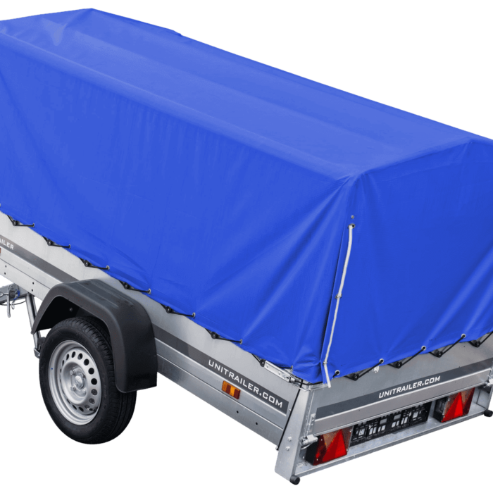 Auto Anhänger 230×125 Garden Trailer 230 KIPP Unitrailer 750 kg mit Stützrad, blauer Hochplane und Hochspriegel-Neu