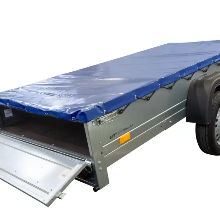 Einachsanhänger 264×150 UNITRAILER GARDEN 265 KIPP mit einem Flachplanenträger und blauer Plane-Neu