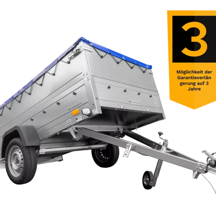 Anhänger mit faltbarer Deichsel Garden Trailer 230 KIPP mit zusätzlichen Bordwänden, Stützrad und blauer Flachplane-Neu